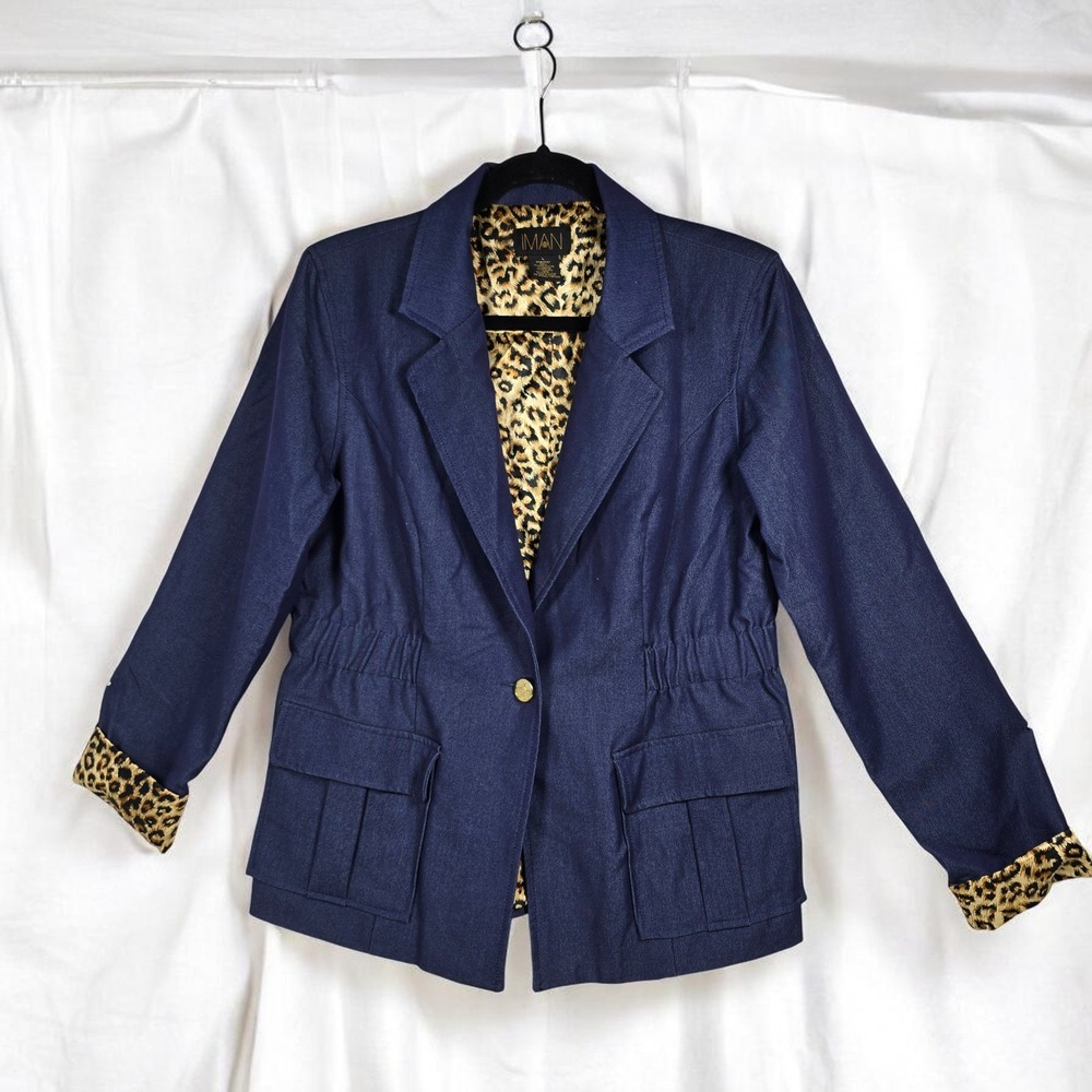 IMAN Navy Blue Blazer Jacket Woman Large Leopard Print Lining Cinched Waist Chic